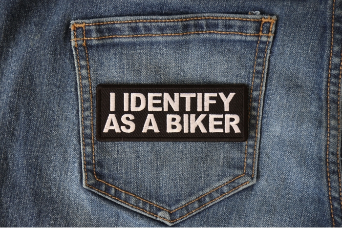 I Identify as a Biker Patch shown on jeans