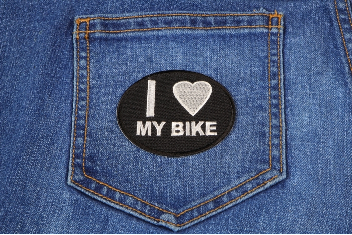 I Love My Bike Patch For Bikers shown on jeans