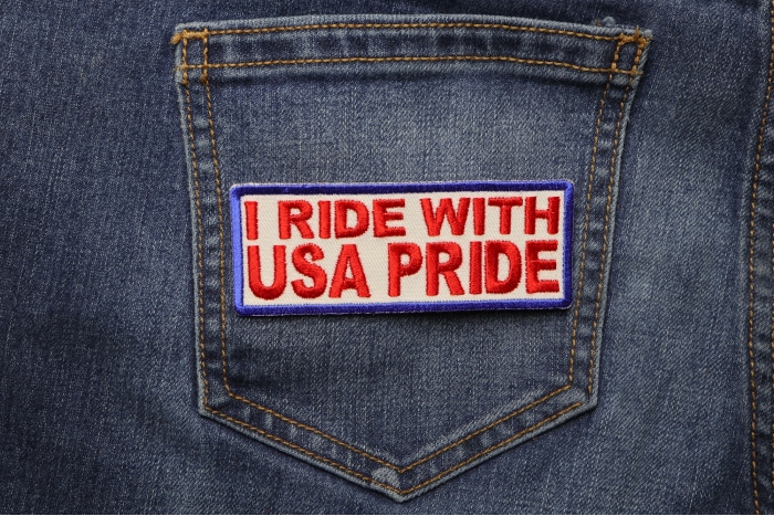 I Ride With USA Pride Patch shown on jeans