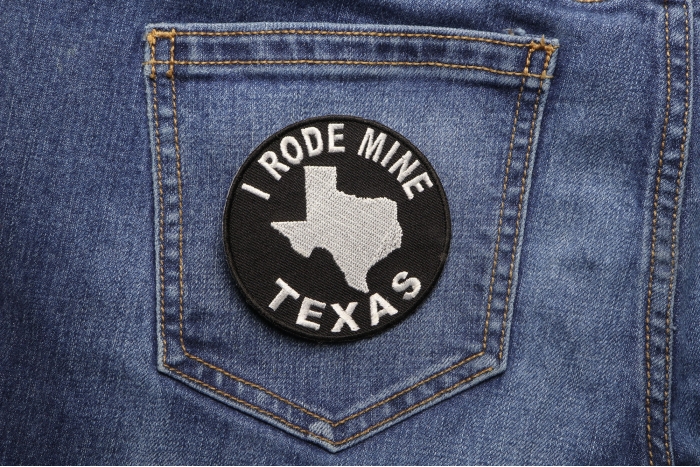 I Rode Mine To Texas Biker Patch shown on jeans
