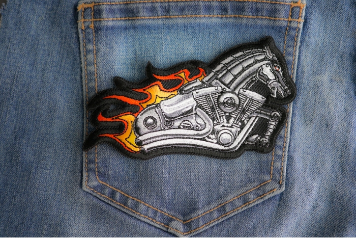 Iron Horse Motorcycle with Flames Biker Patch shown on jeans
