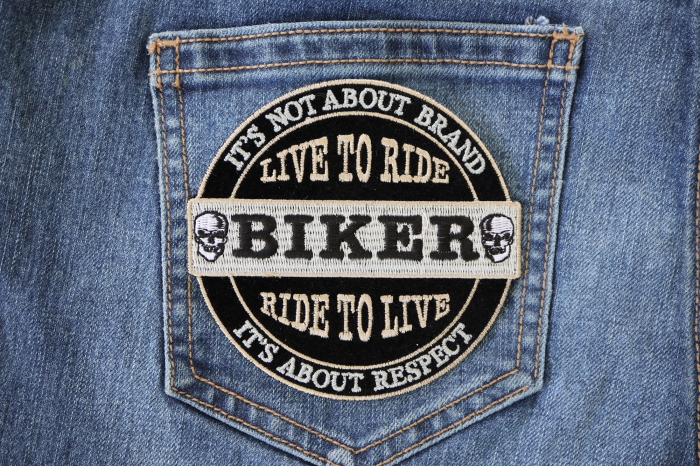 Live To Ride Ride to Live Biker Patch shown on jeans