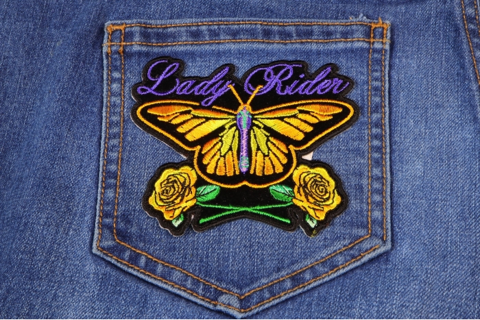 Lady Rider Butterfly With Yellow Roses Small Iron on Biker Patch shown on jeans