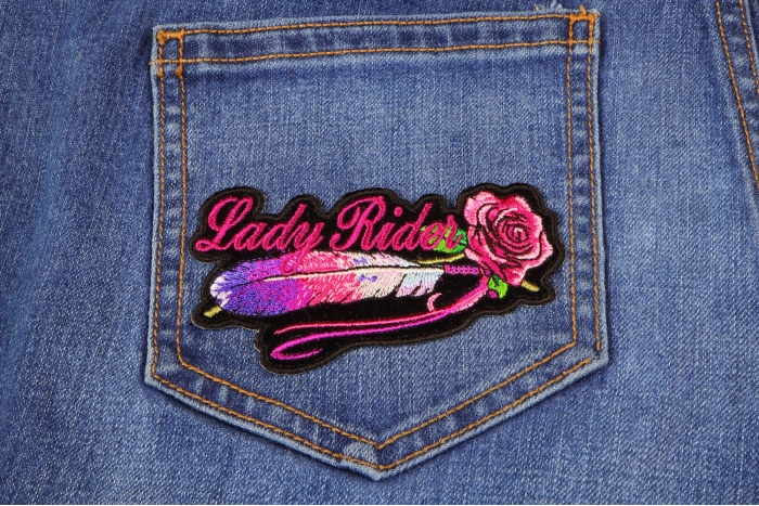 Lady Rider Pink Rose and Feathers Horizontal Small Patch | Embroidered ...