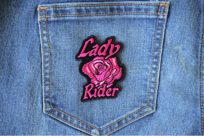 Lady Rider Pink Rose Iron on Biker Patch shown on jeans