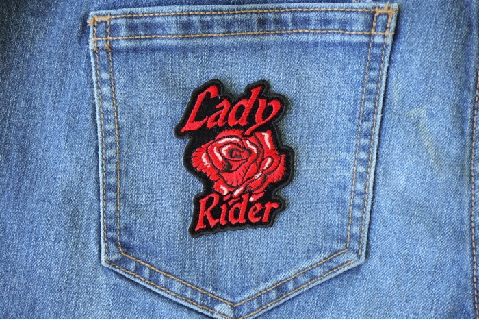 Lady Rider Red Rose Patch shown on jeans