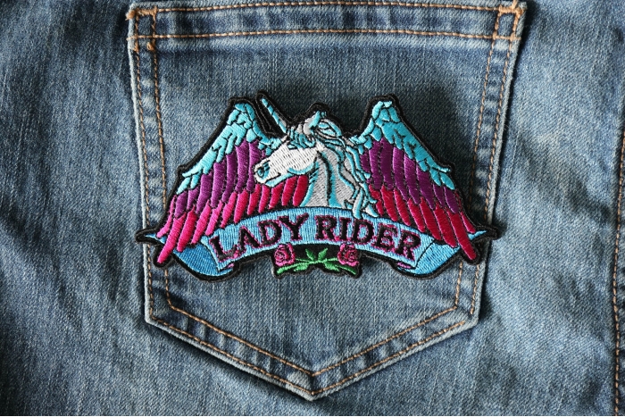 Lady Rider Unicorn Biker Patch shown on jeans