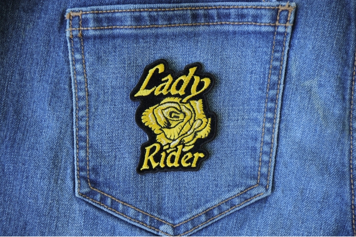 Lady Rider Yellow Rose Iron on Patch for Lady Bikers shown on jeans