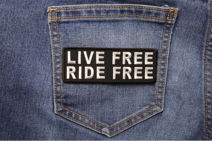 Live Free Ride Free Patch shown on jeans