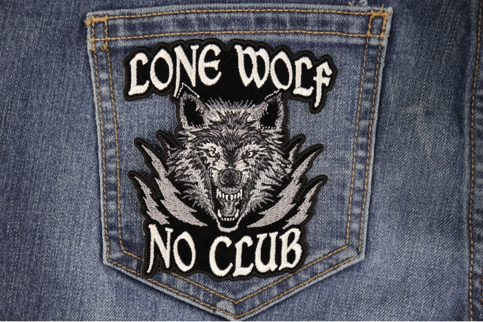 Lone Wolf No Club Small Biker Patch shown on jeans