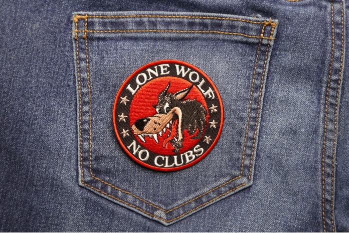 Lone Wolf No Clubs Biker Patch shown on jeans