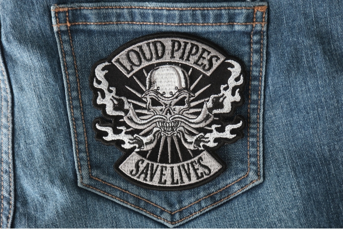 Loud Pipes Save Lives Skull and Pipes Patch shown on jeans