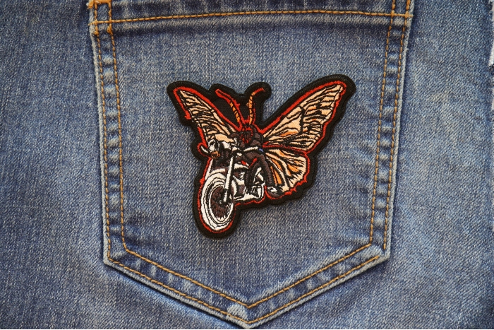 Moth Biker Patch shown on jeans