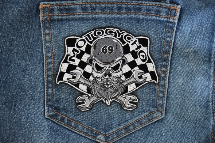 Motocycho 69 Skull, Checkered Flags and Wrenches Patch shown on jeans