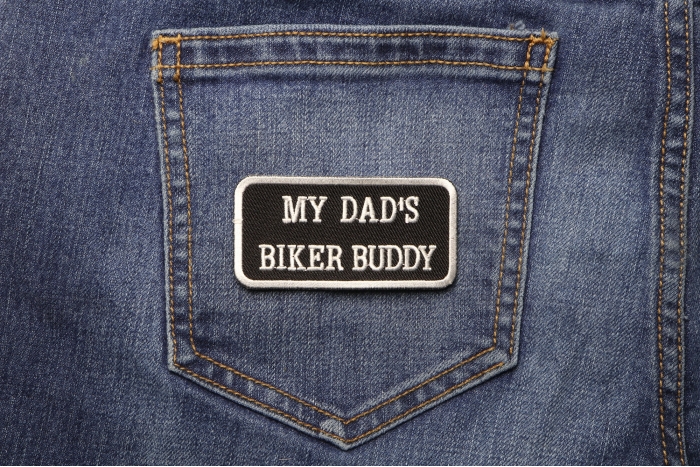 My Dad's Biker Buddy Patch shown on jeans