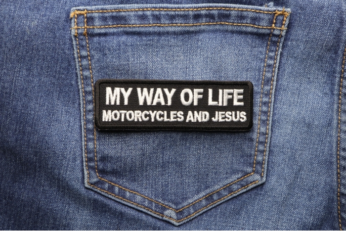 My Way Of Life Motorcycles and Jesus Patch shown on jeans