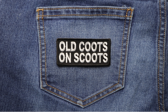 Old Coots On Scoots Patch shown on jeans