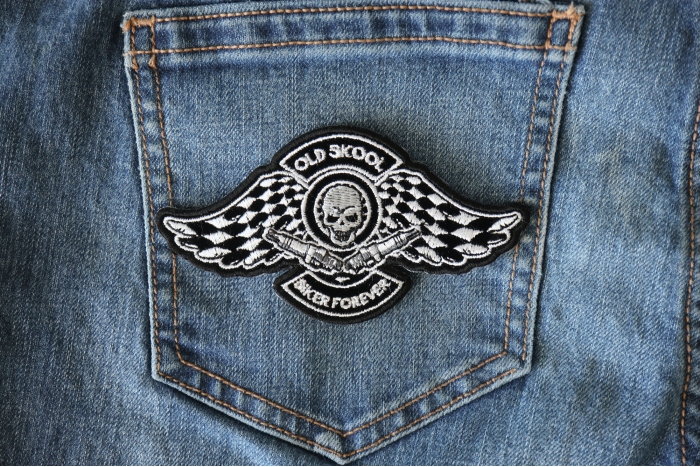 Old Skool Biker Forever Patch shown on jeans