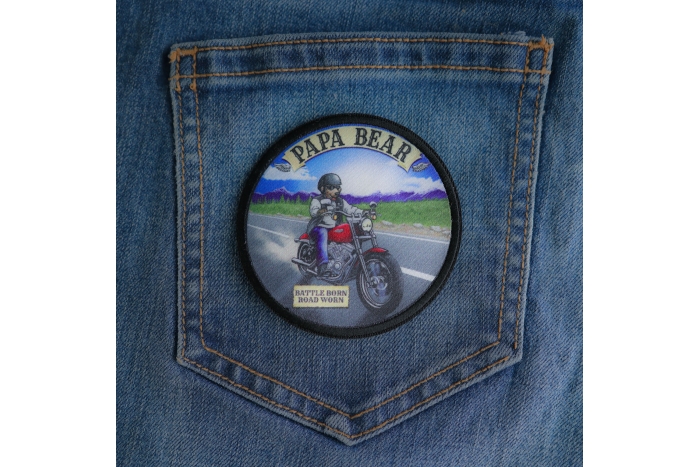 Papa Bear Patch shown on jeans