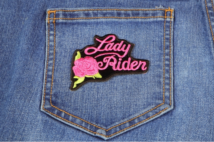 Pink Lady Rider Rose Biker Patch shown on jeans