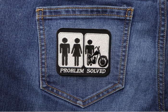 Problem Solved Marriage and Motorcycle Funny Biker Patch shown on jeans