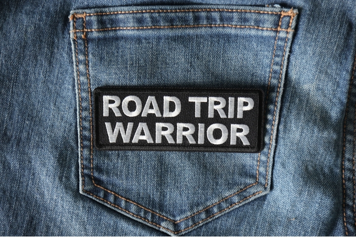 Road Trip Warrior Patch shown on jeans