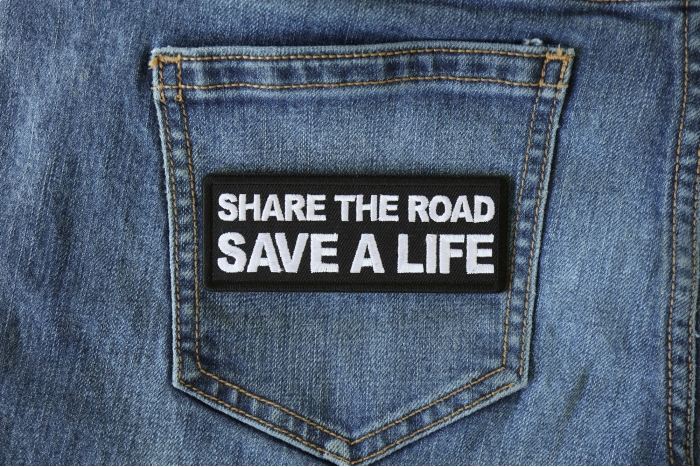 Share The Road Save a Life Patch shown on jeans