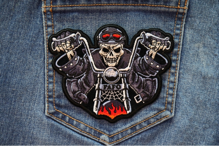 Skeleton Rider on Bike FAFO Patch shown on jeans