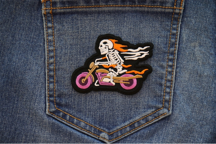 Skelo Motorcycle Rider Patch shown on jeans