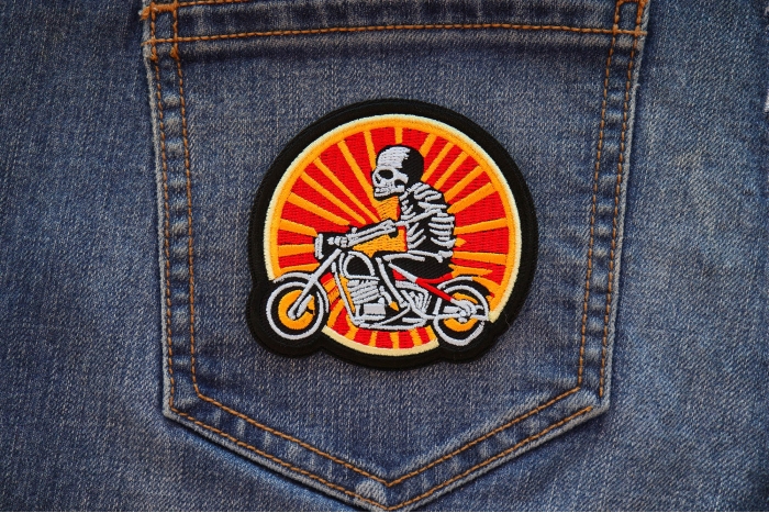 Sunset Skeleton Biker on Motorcycle Patch shown on jeans