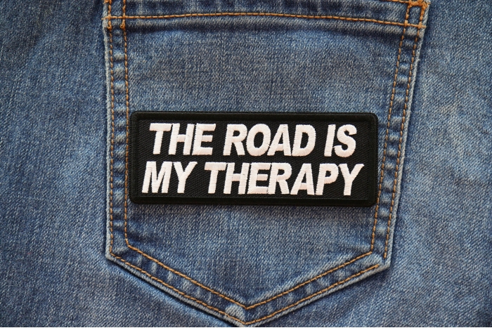 The Road is my Therapy Patch shown on jeans