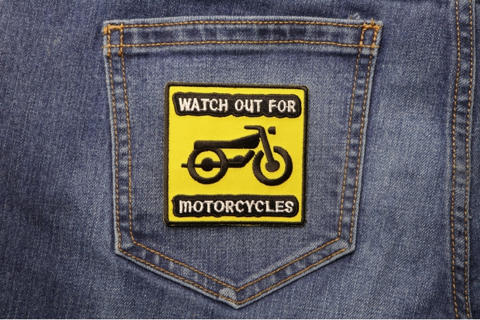 Watch Out For Motorcycles Iron on Biker Patch shown on jeans