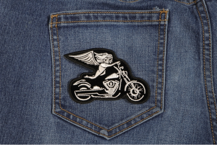 White Biker Angel On Motorcycle Patch shown on jeans