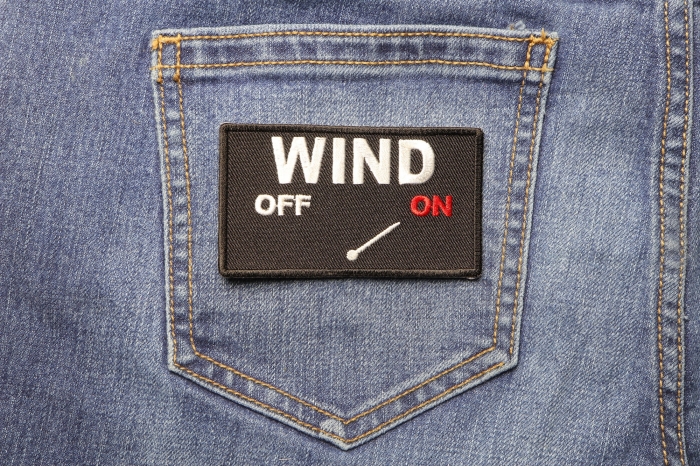Wind Mode On Fun Biker Patch shown on jeans
