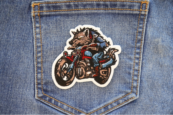 Wolf on Motorcycle Patch shown on jeans