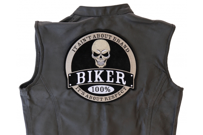 It Ain't About Brand Biker 100% It's All About Respect Skull Patch, Large Skull Patches for Biker Jackets shown on leather vest
