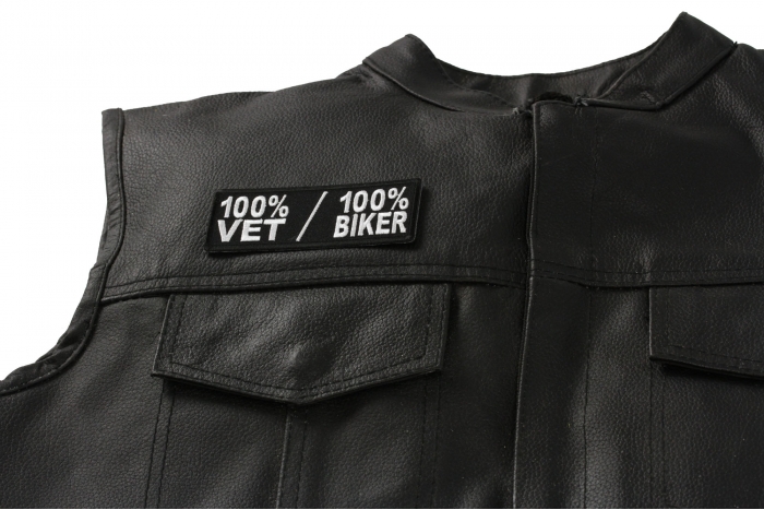 100 Percent Vet 100 Percent Biker Patch, Biker Saying Patches shown on leather vest