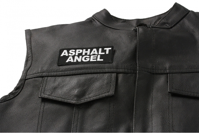 Asphalt Angel Patch, Biker Saying Patches shown on leather vest