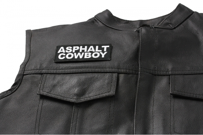 Asphalt Cowboy Patch, Biker Saying Patches shown on leather vest