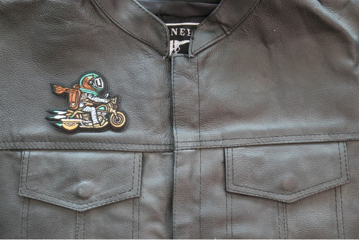 Astronaut Biker Patch, Biker Vest Patches, Sew or Iron on Patch shown on leather vest
