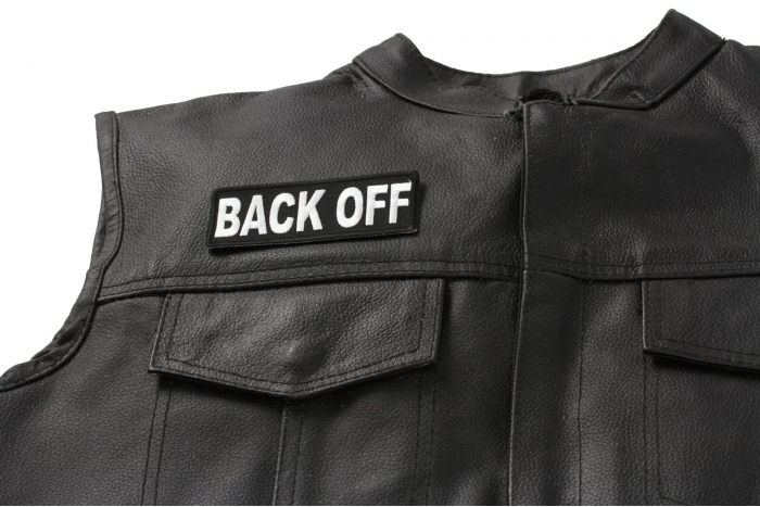 Back Off Patch, Biker Saying Patches shown on leather vest