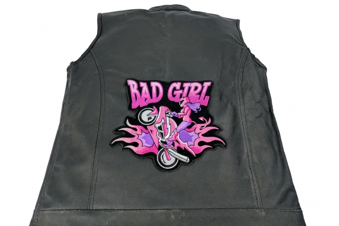 Bad Girl Motorcycle Wheeley Patch, Large Biker Back Patches for Leather Vests shown on leather vest