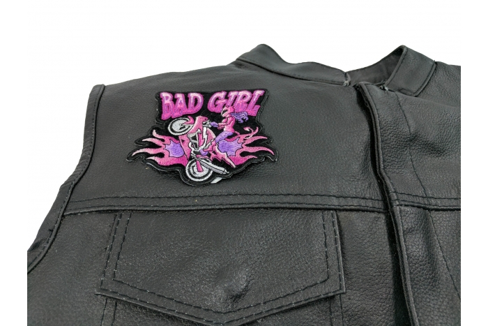 Bad Girl Wheeley Biker Small Patch, Biker Patches shown on leather vest