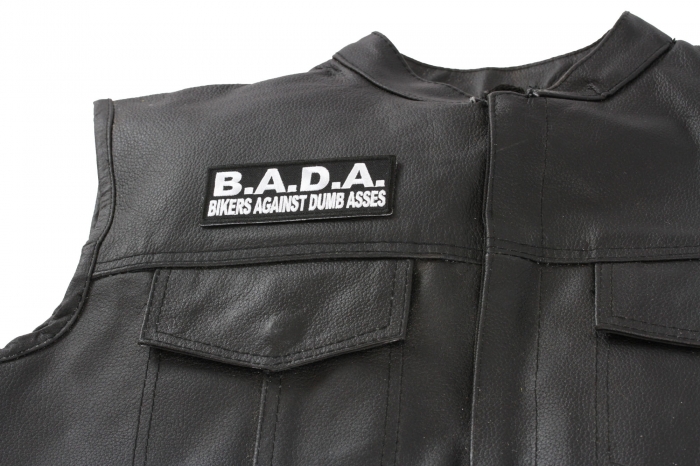 BADA Bikers Against Dumbasses Patch, Biker Saying Patches shown on leather vest