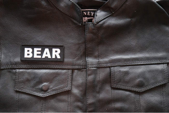 Bear Patch, Biker Saying Patches shown on leather vest