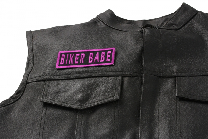 Biker Babe Patch, Biker Saying Patches shown on leather vest