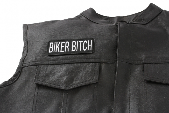 Biker Bitch Patch, Biker Saying Patches shown on leather vest
