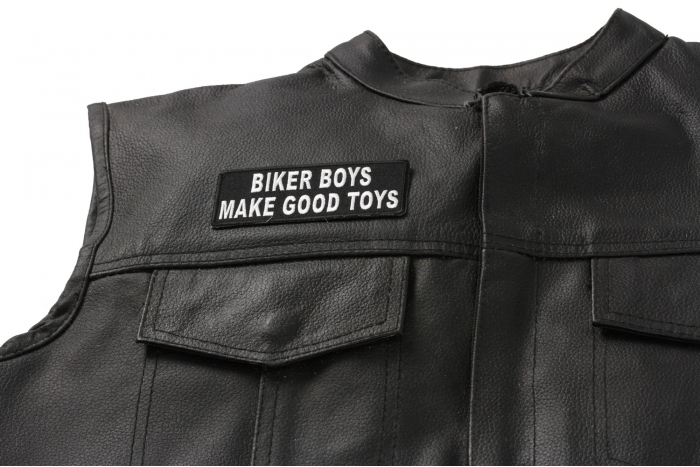 Biker Boys Make Good Toys Patch, Biker Saying Patches shown on leather vest