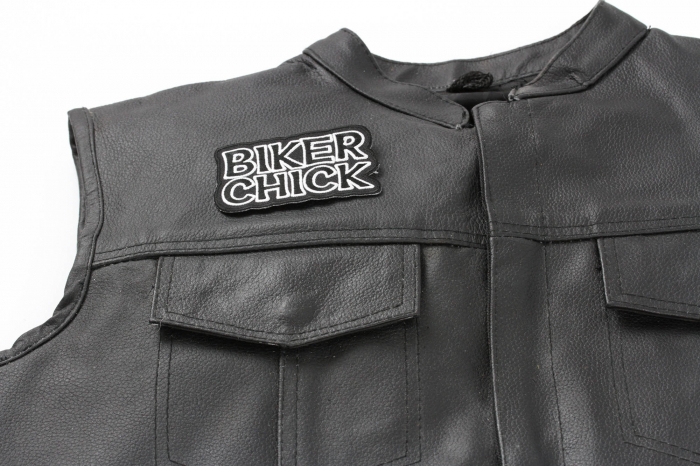 Biker Chick Patch, Biker Saying Patches shown on leather vest