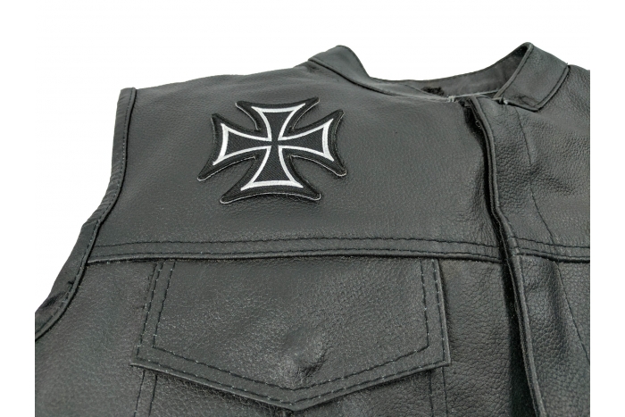 Biker Cross Patch, Biker Patches shown on leather vest